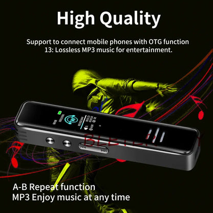 Black rectangular digital voice activated recorder dictaphone long distance audio mp3 player with otg connection and ips screen