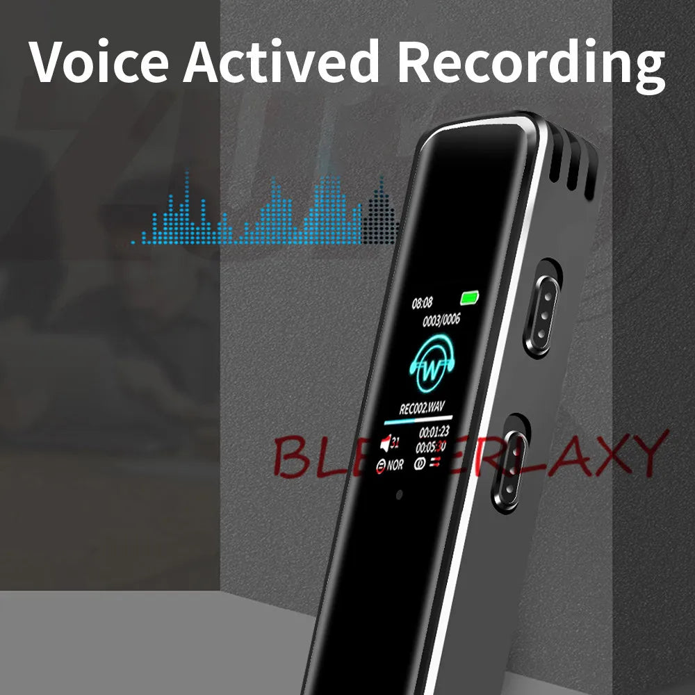 Black and silver digital voice activated recorder dictaphone long distance audio recording with ips screen and audio metrics display