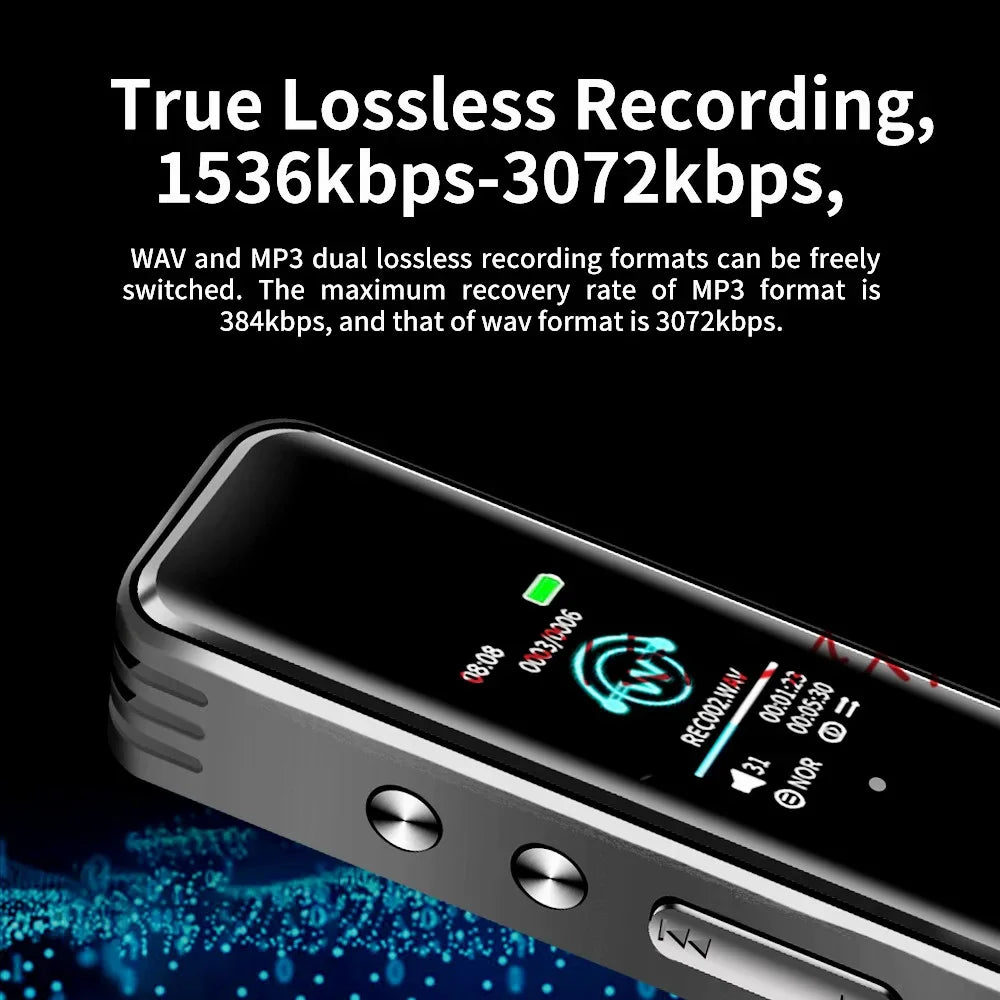 Silver metallic digital voice activated recorder dictaphone long distance audio recording with black ips touchscreen display