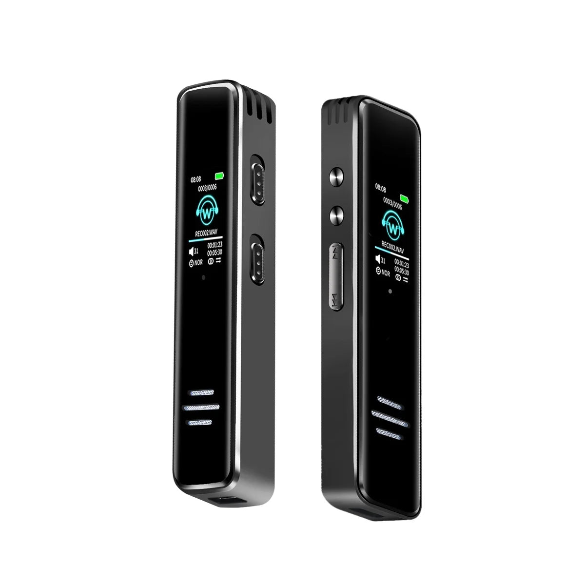 Black rectangular digital voice activated recorder dictaphone long distance audio with sleek metallic finish and illuminated display