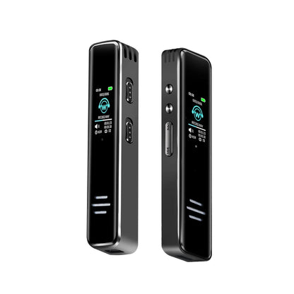 Black rectangular digital voice activated recorder dictaphone long distance audio with sleek metallic finish and illuminated display