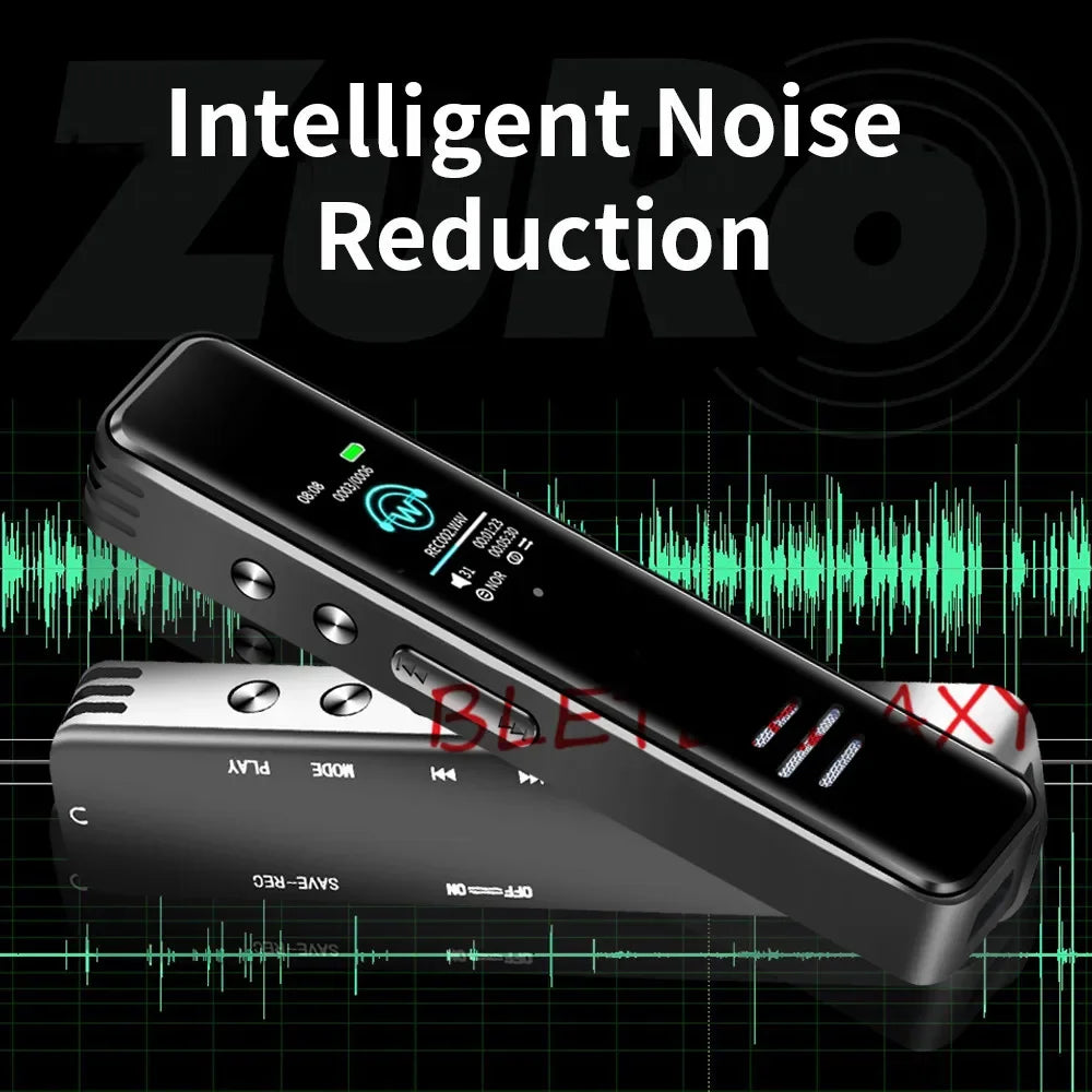 Black and silver digital voice activated recorder dictaphone long distance audio recording with illuminated ips display screen