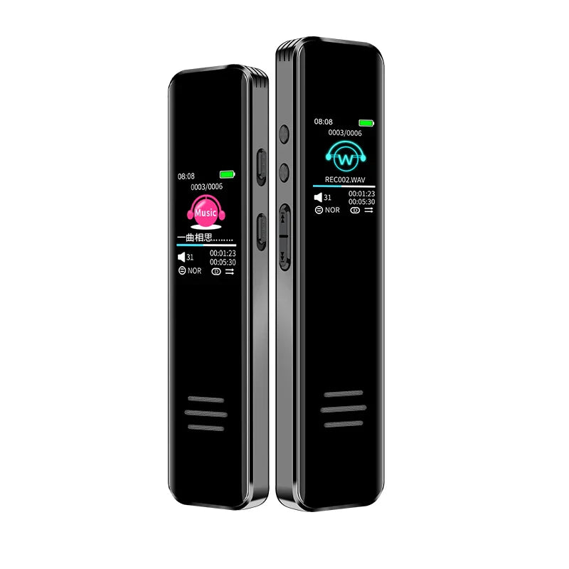 Black rectangular digital voice activated recorder dictaphone long distance audio recording with metallic finish and ips screen