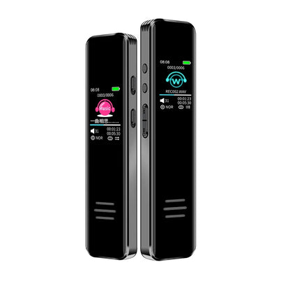 Black rectangular digital voice activated recorder dictaphone long distance audio recording with metallic finish and ips screen