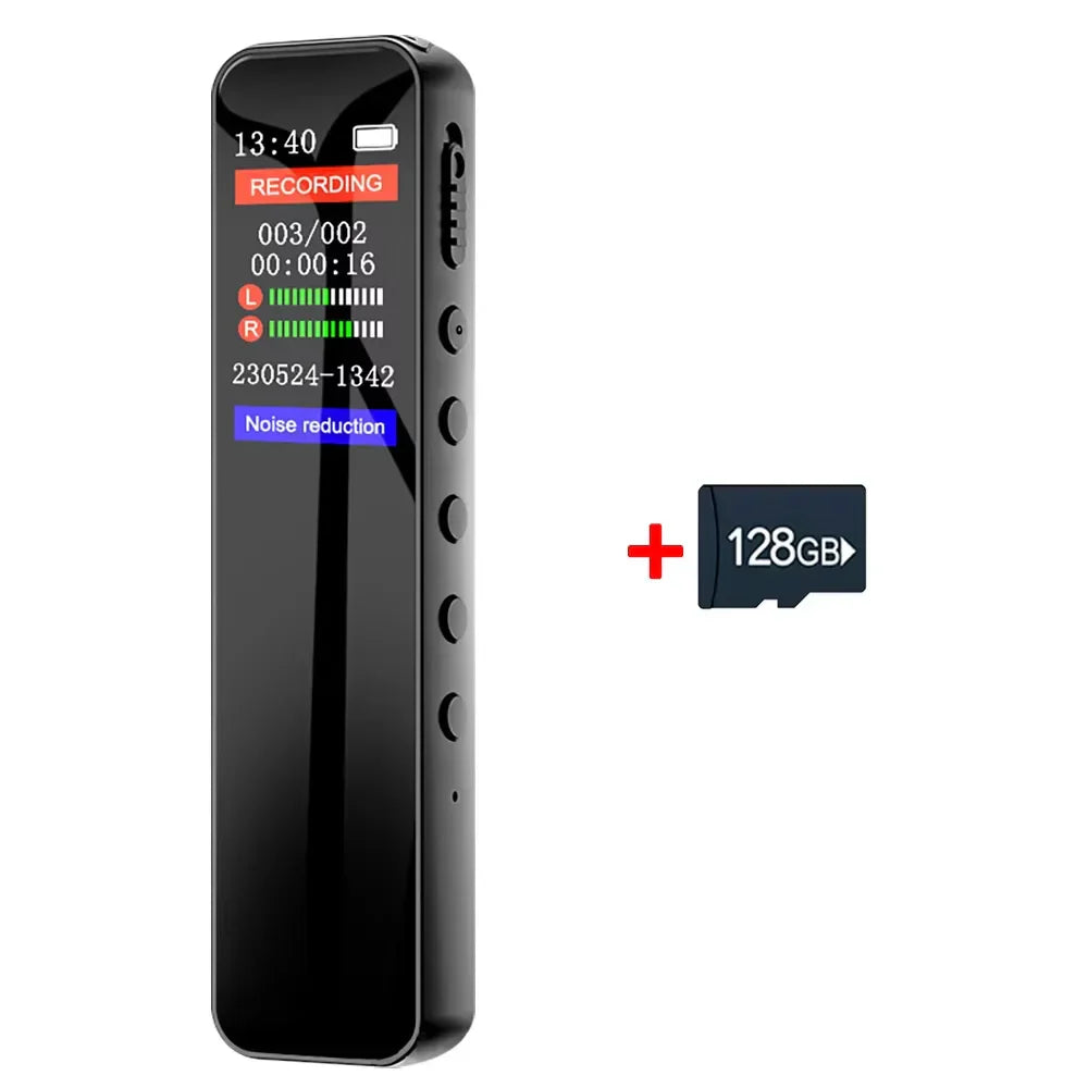 Black rectangular voice recorder 128gb with touchscreen displaying recording status for portable sound dictaphone 1536kbps