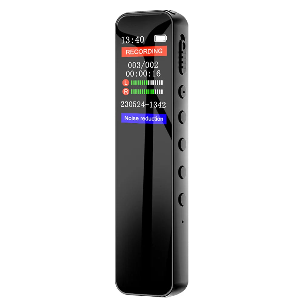 Black rectangular digital voice recorder 128gb with glossy finish and screen showing recording status portable sound dictaphone 1536kbps