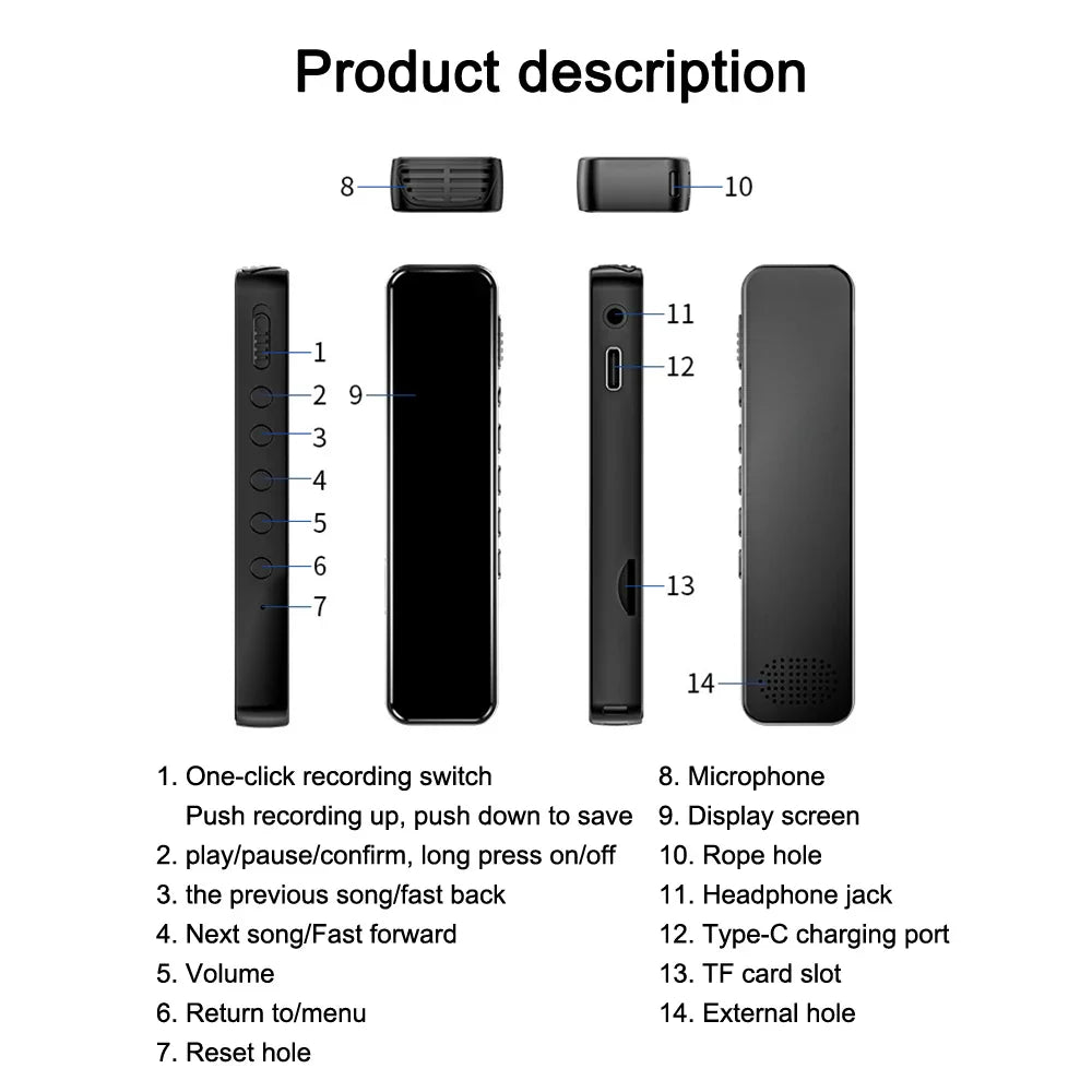 Black digital voice recorder 128gb with sleek design, buttons, display, and tf card slot for portable sound dictaphone 1536kbps