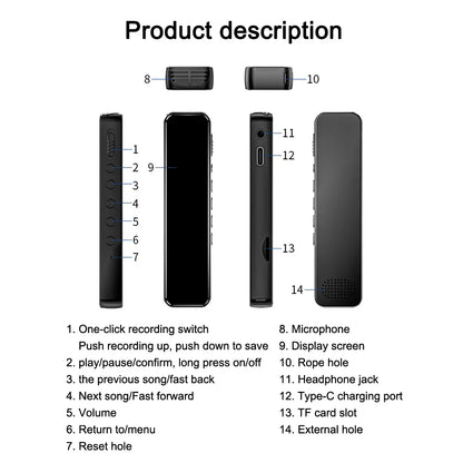 Black digital voice recorder 128gb with sleek design, buttons, display, and tf card slot for portable sound dictaphone 1536kbps