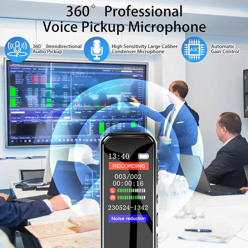 Black portable sound dictaphone with 128gb storage screen showing recording time battery and noise cancellation features