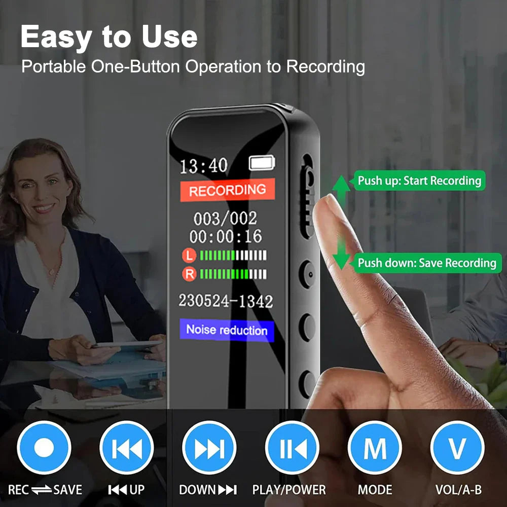 Black portable sound dictaphone 128gb with screen showing recording time and buttons for start stop and save functions