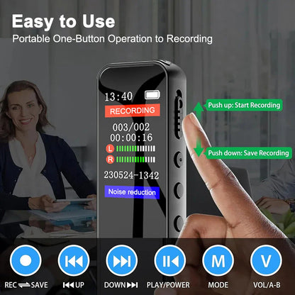 Black portable sound dictaphone 128gb with screen showing recording time and buttons for start stop and save functions