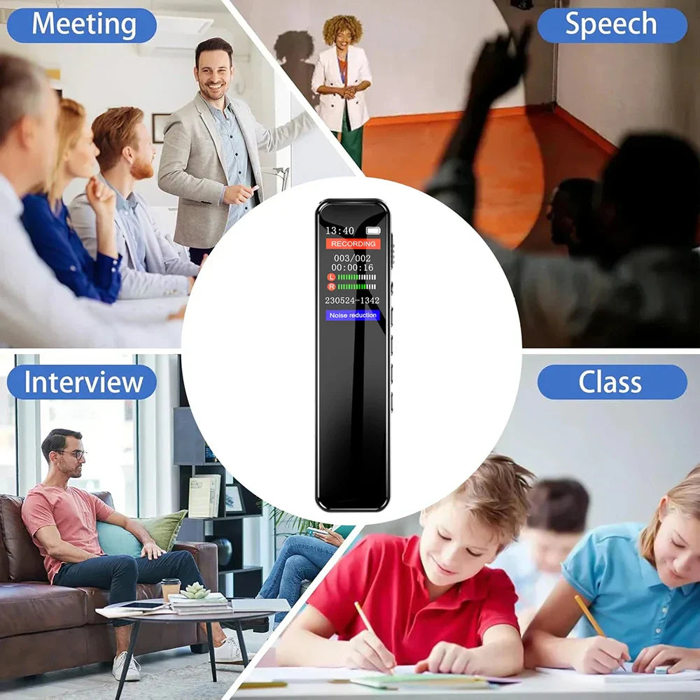 Black rectangular voice recorder 128gb with screen showing recording time and noise reduction for portable sound dictaphone 1536kbps