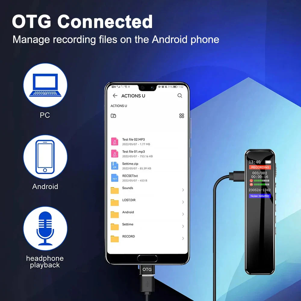 Black slim voice recorder 128gb with screen displaying recording time and file details portable sound dictaphone 1536kbps