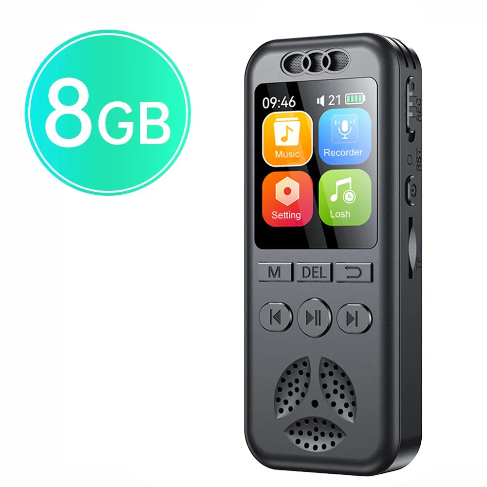 Black 8gb digital voice recorder with touchscreen display showing music recording settings and clock for professional sound dictaphone voice activated audio recording