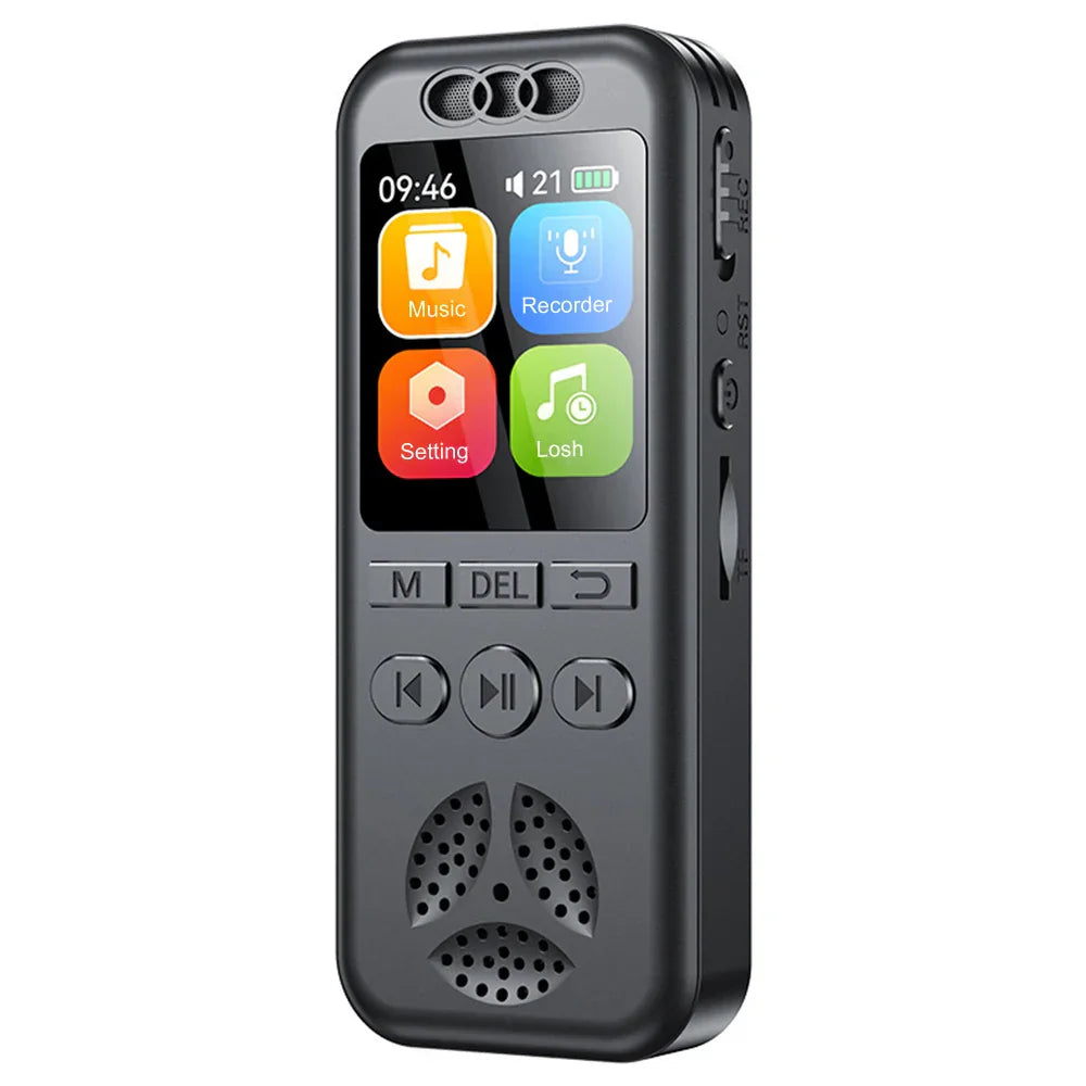 Black digital voice recorder with touchscreen featuring music recording settings and lo-fi for professional sound dictaphone use