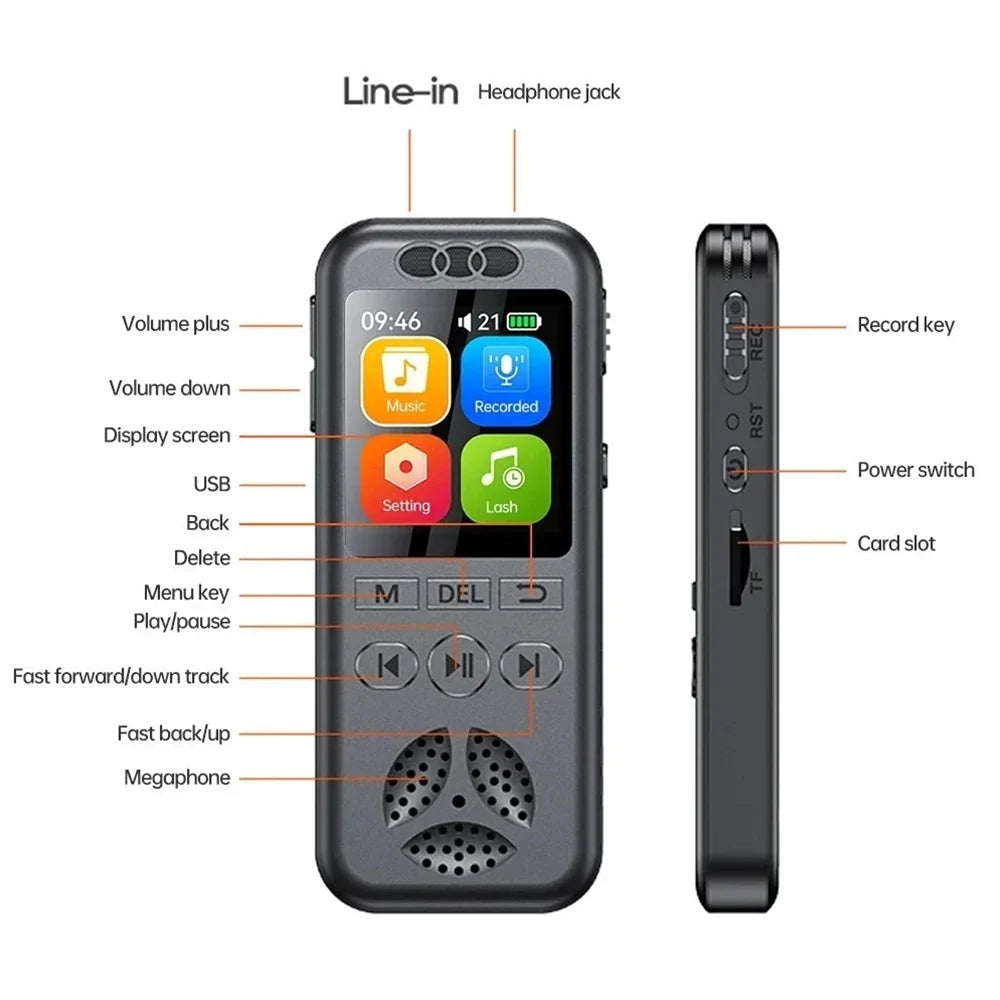 Black digital voice recorder with touchscreen and buttons for playback and volume professional sound dictaphone voice activated audio