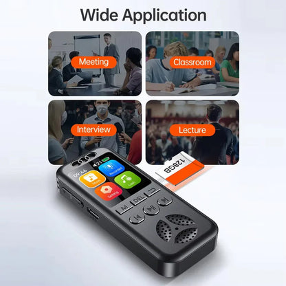 Black rectangular digital voice recorder with colorful touchscreen and buttons for professional sound dictaphone voice activated audio recording