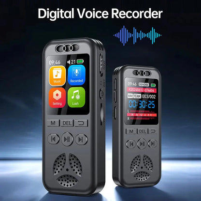 Black digital voice recorder with colorful touchscreen and physical buttons for professional sound dictaphone use