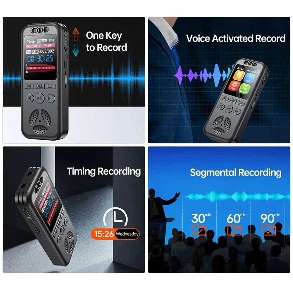 Black digital voice recorder with small screen and multiple buttons professional sound dictaphone voice activated audio device