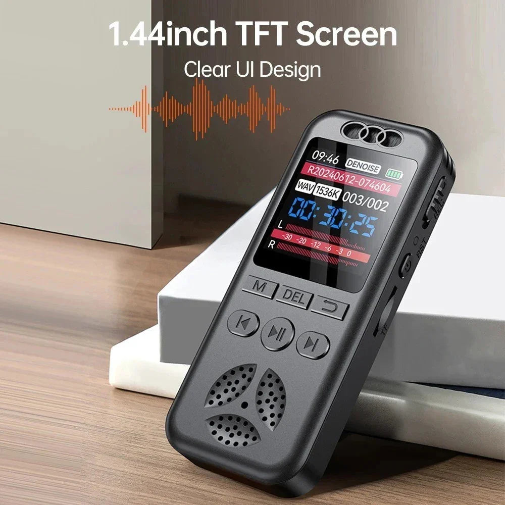 Black handheld digital voice recorder with 1.44 inch tft screen and playback controls for professional sound dictaphone use