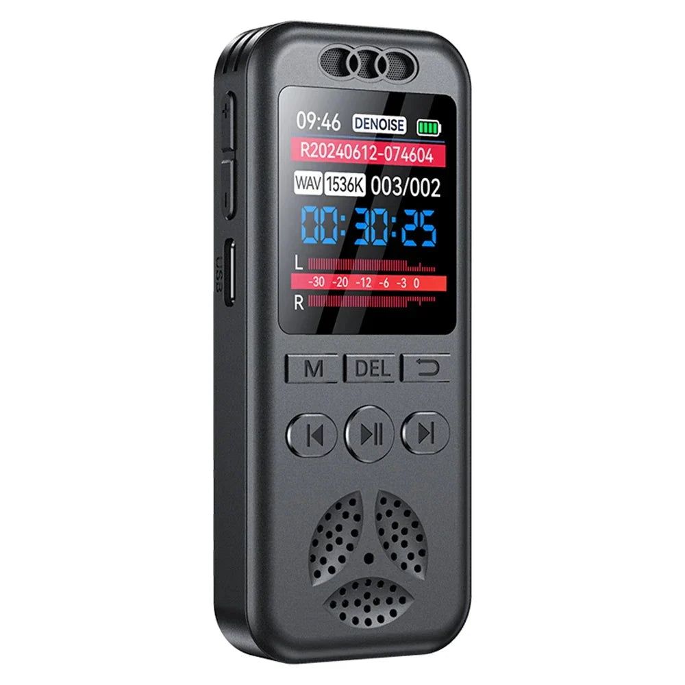 Black digital voice recorder with small screen showing recording time and audio levels for professional sound dictaphone use