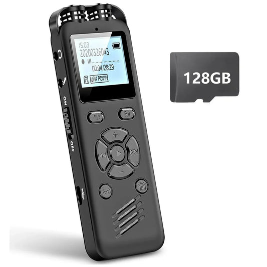 Black digital voice recorder with dual microphones and 128gb sd card for voice activated recorders and dictaphone recording device use