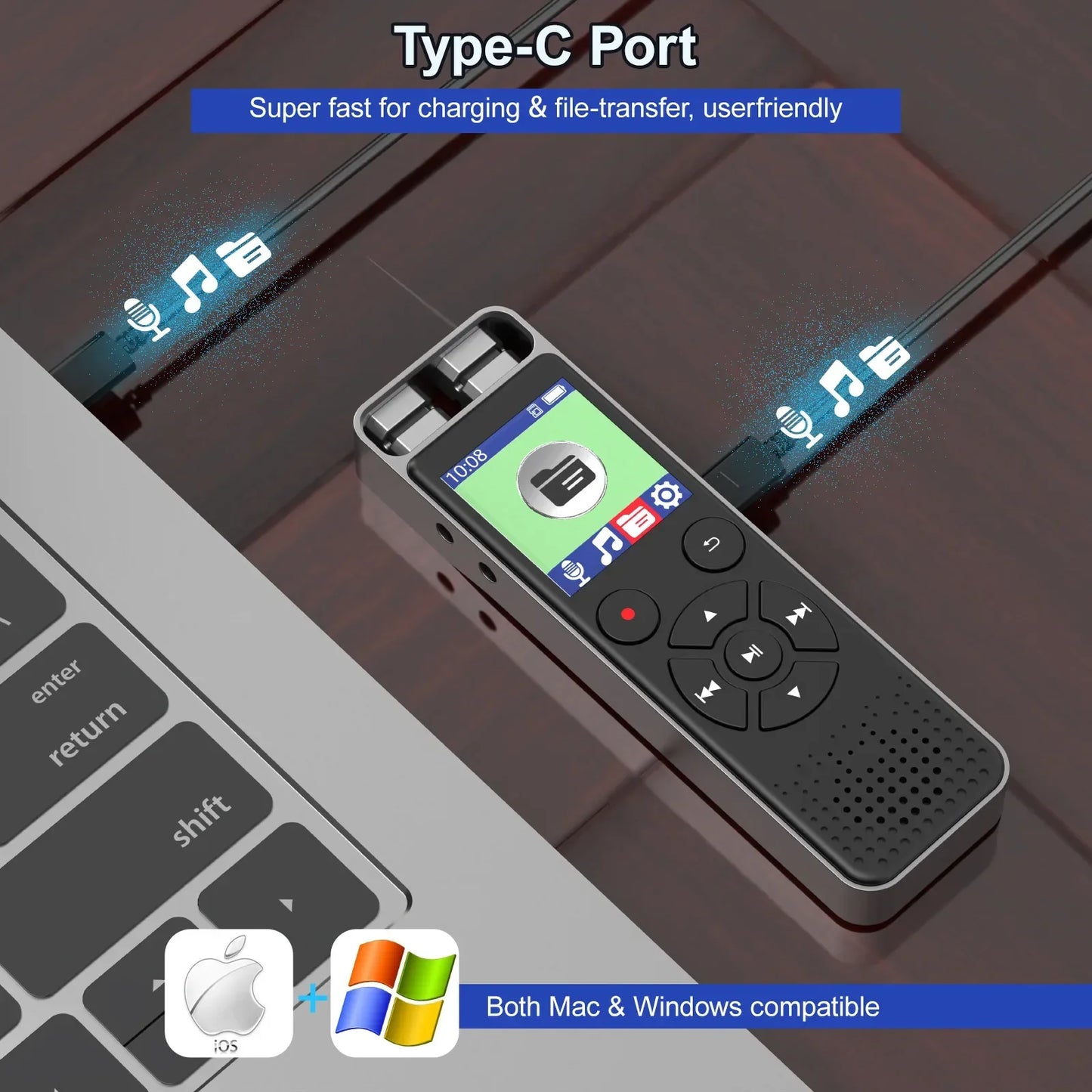 Black rectangular digital voice recorder with silver edge and screen features voice activated recorders for interviews dictaphone recording device