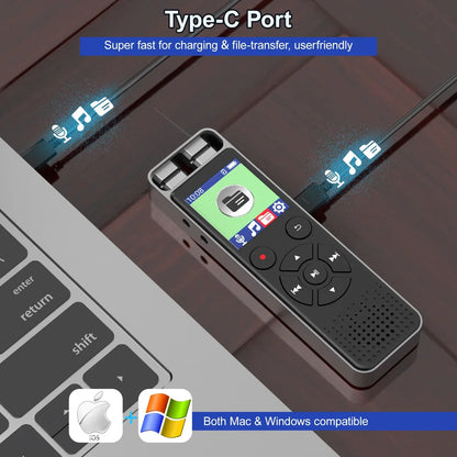 Black rectangular digital voice recorder with silver edge and screen features voice activated recorders for interviews dictaphone recording device