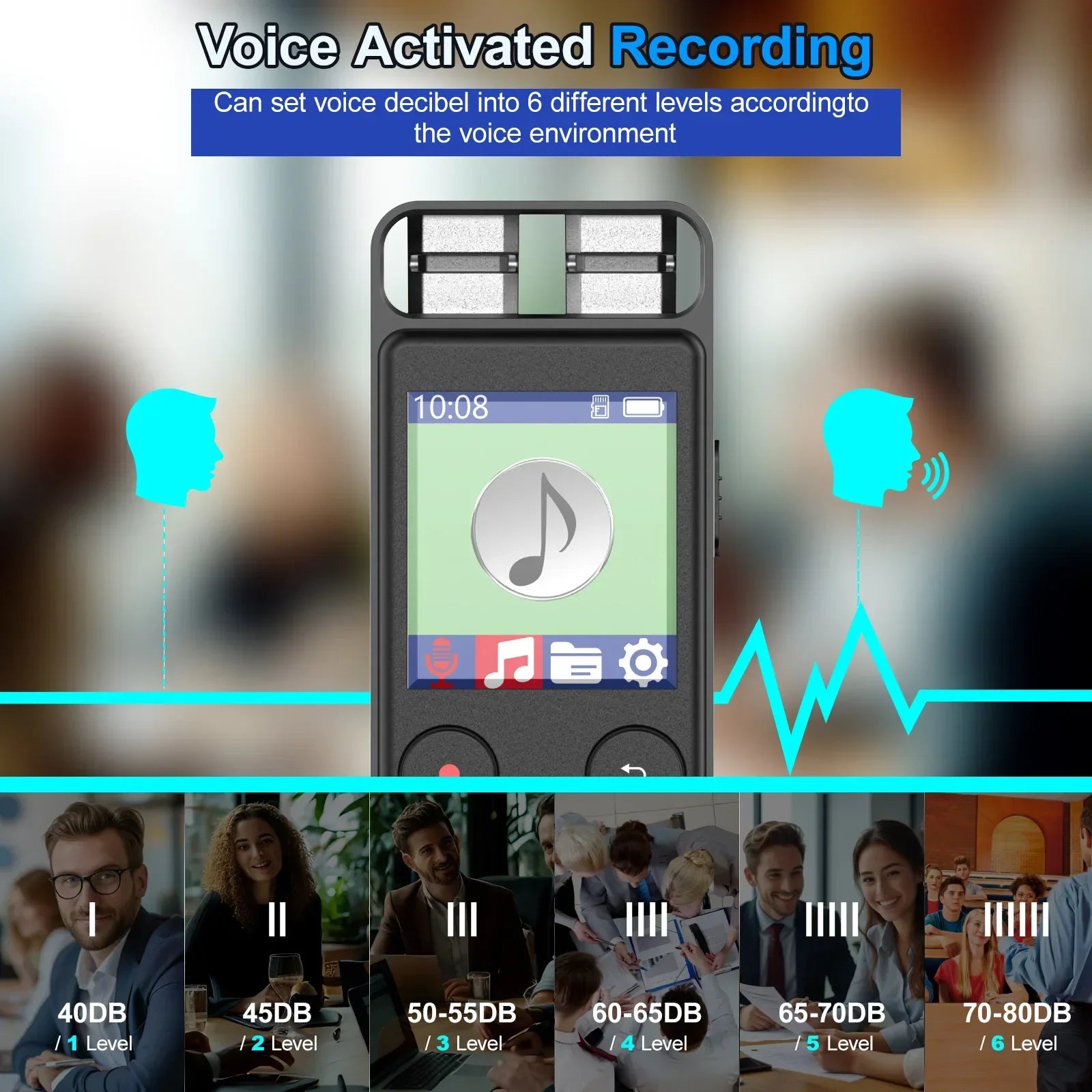 Black bluetooth-enabled voice activated recorders with digital display and six adjustable decibel levels for interviews dictaphone recording device