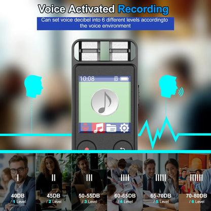 Black bluetooth-enabled voice activated recorders with digital display and six adjustable decibel levels for interviews dictaphone recording device