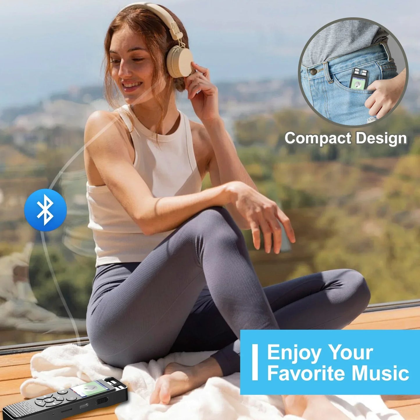 Black portable bluetooth music player with screen and buttons as a voice activated recorder for interviews dictaphone recording device