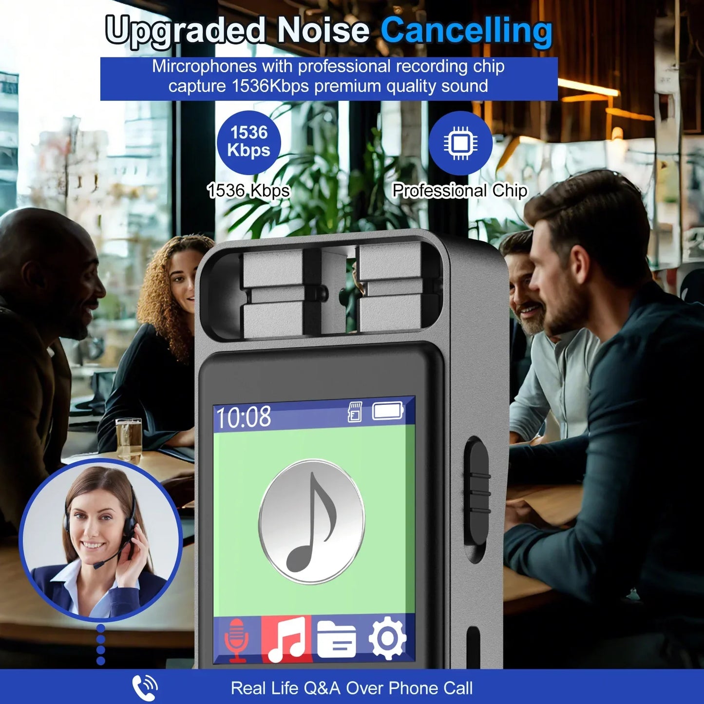 Gray handheld digital voice recorder with touchscreen and upgraded noise cancelling for voice activated recorders and interviews dictaphone recording device