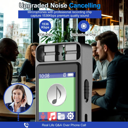 Gray handheld digital voice recorder with touchscreen and upgraded noise cancelling for voice activated recorders and interviews dictaphone recording device
