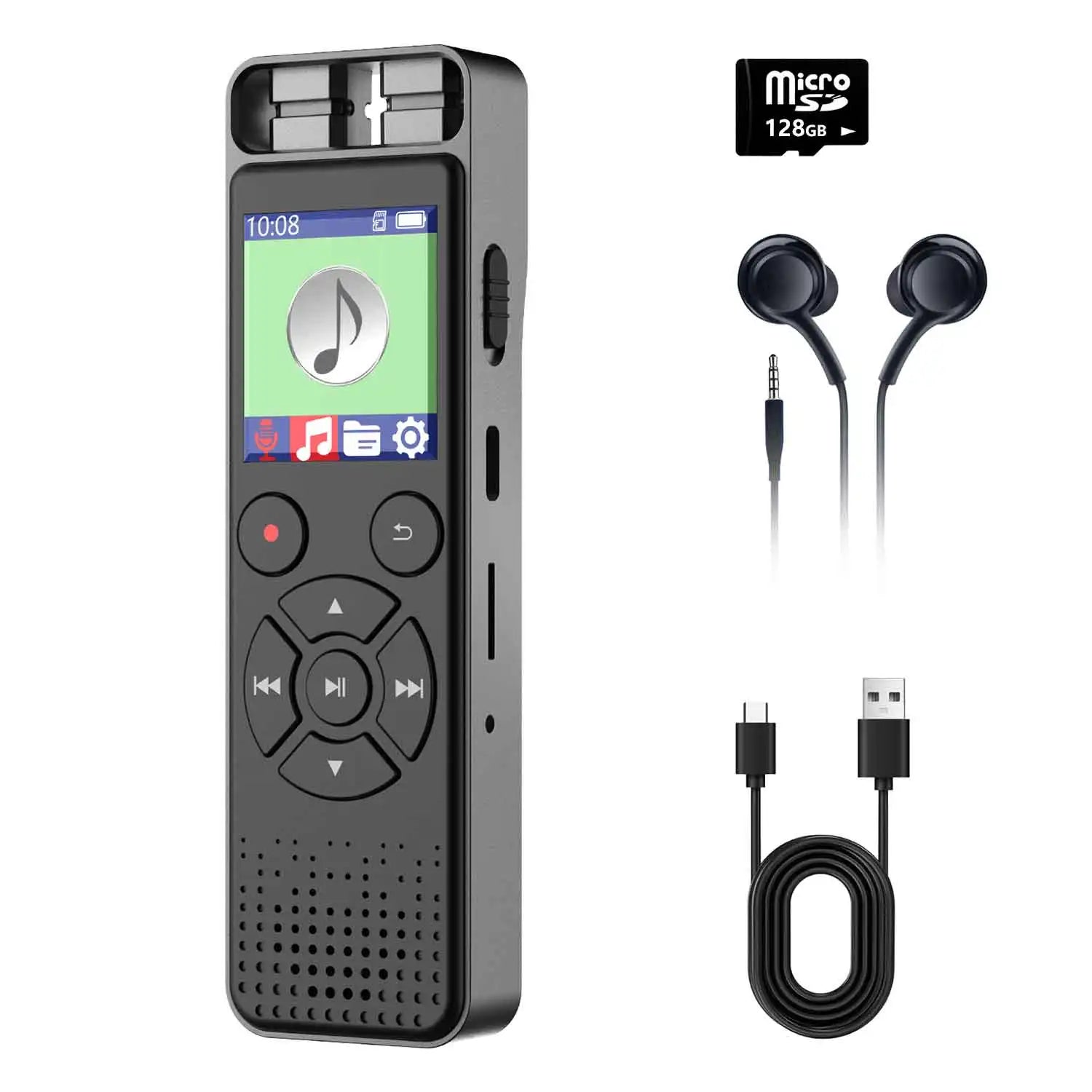 Black rectangular digital voice recorder with touchscreen and microphone array for voice activated recorders and interviews dictaphone recording device