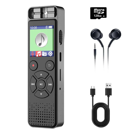Black rectangular digital voice recorder with touchscreen and microphone array for voice activated recorders and interviews dictaphone recording device