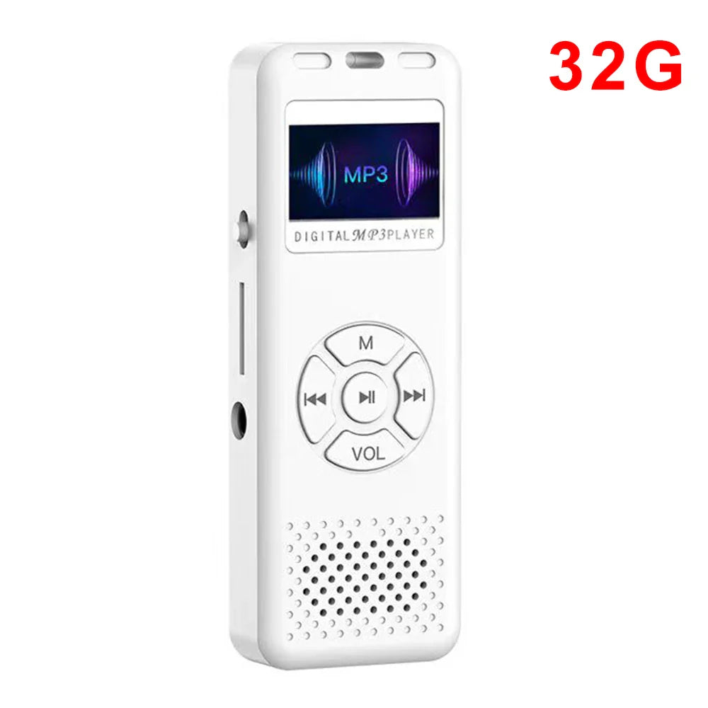 White digital voice recorder 32gb with small screen showing audio waves and player professional dictaphone controls