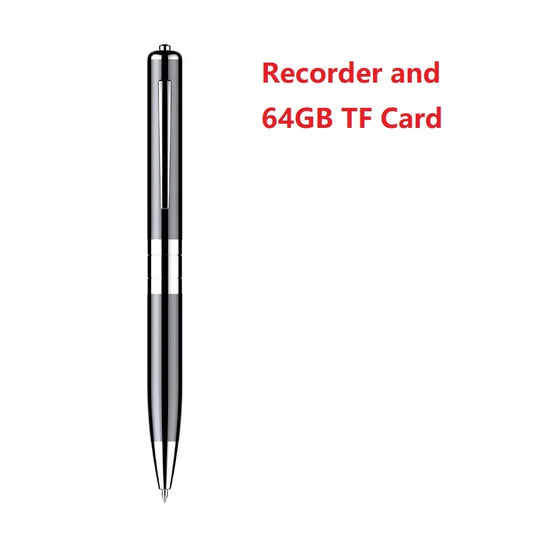 A sleek black and silver digital voice recorder with metallic finish featuring one click recording usb flash and player 192kbps 180mah