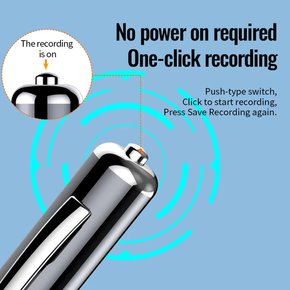 Silver metallic digital voice recorder pen with push-type switch rechargeable sound dictaphone for professional recording