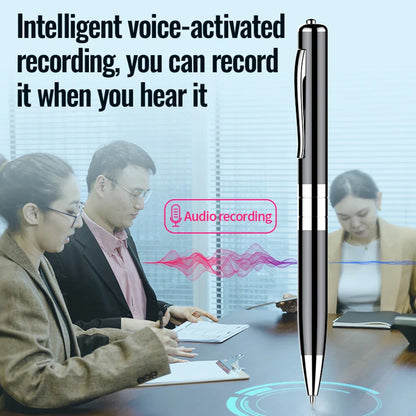 Silver and black metal digital voice recorder pen with sleek ballpoint design rechargeable sound dictaphone device