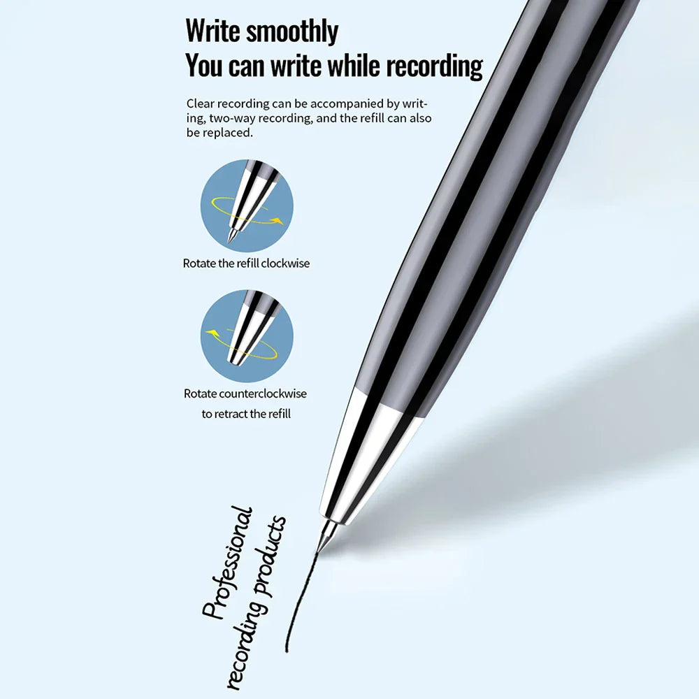 A sleek black and silver rechargeable sound dictaphone dual-function voice recorder pen with retractable refill mechanism