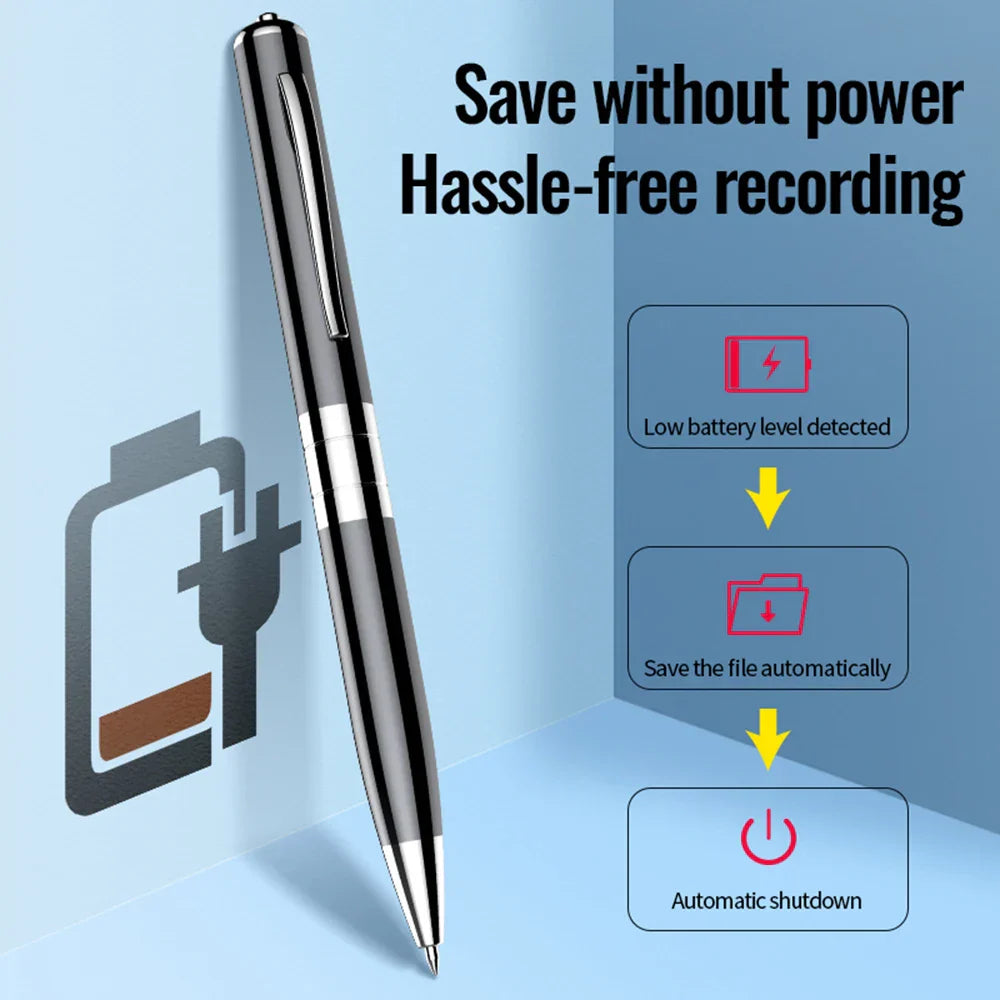 A sleek black and silver metallic digital voice recorder pen with a rechargeable sound dictaphone for professional use