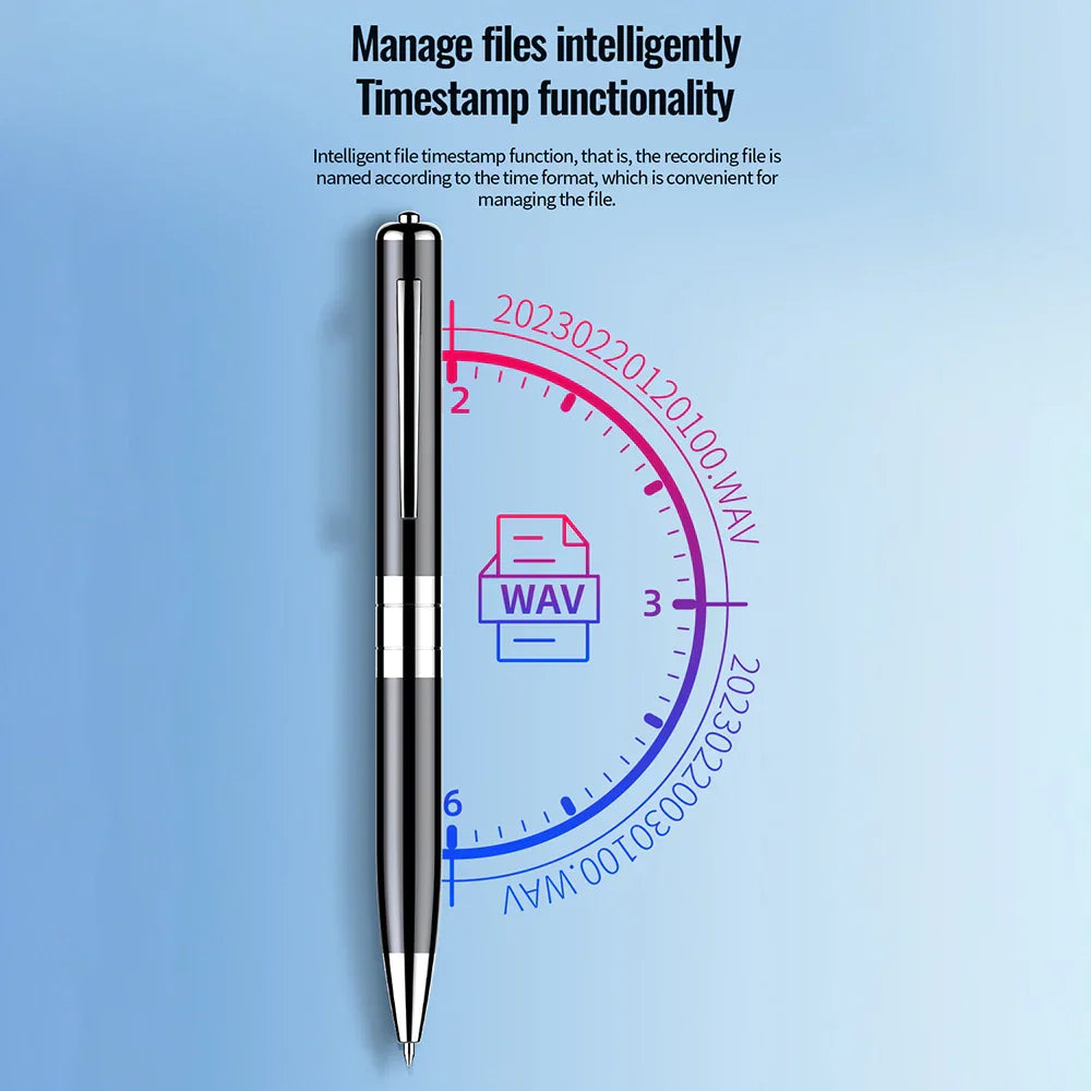 A sleek black and silver ballpoint digital voice recorder pen with polished metallic finish and rechargeable sound dictaphone features