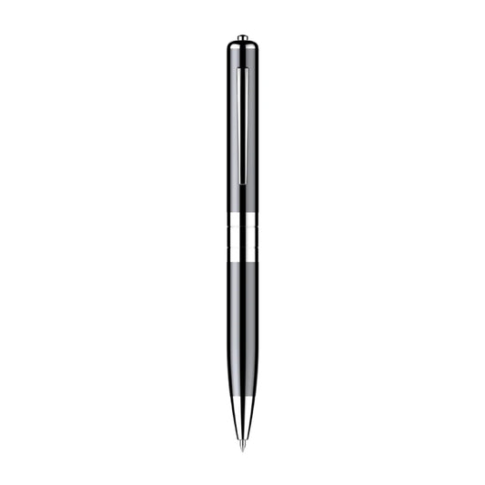 A sleek black and silver ballpoint digital voice recorder pen with polished metallic finish and rechargeable sound dictaphone features