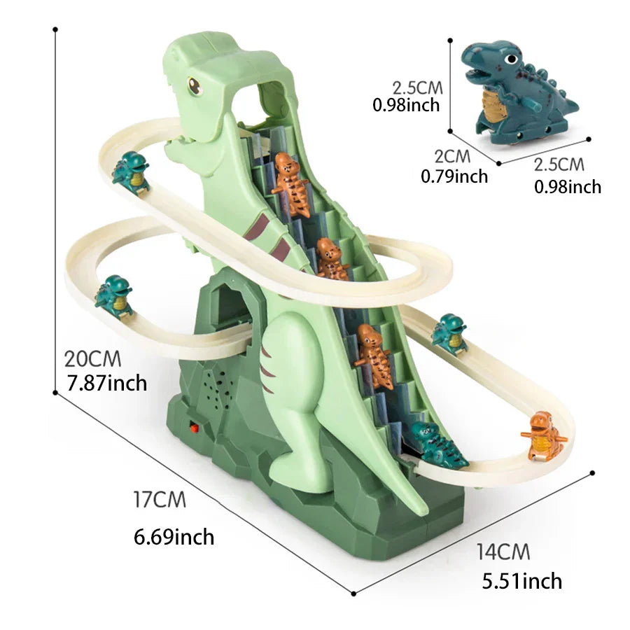 A green plastic dinosaur climbing slide toy with a white spiral ramp and orange and teal dinosaurs puzzle fun figures