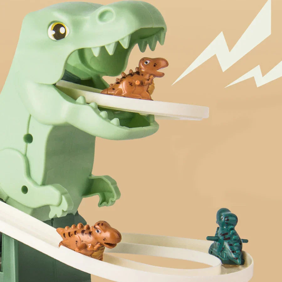 Green plastic dinosaur climbing slide toy with music, white ramp, and smaller dinosaur puzzle fun figures for halloween gift