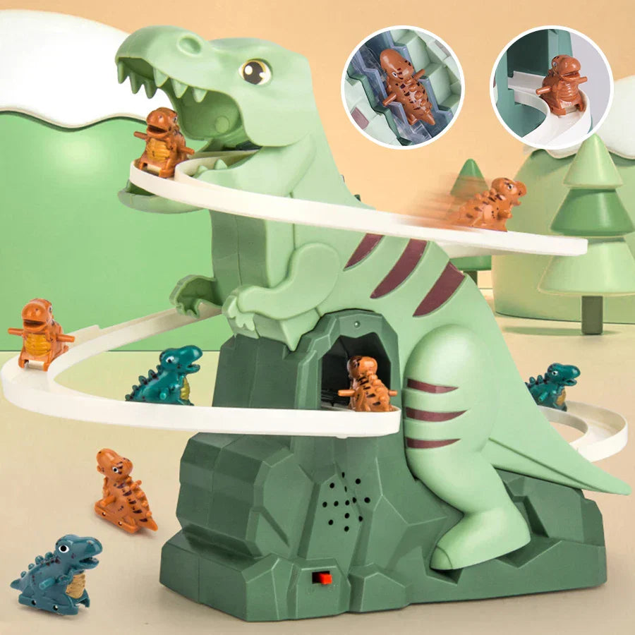 Green plastic t-rex dinosaur climbing slide toy with white track brown stripes and small orange blue dinosaurs puzzle fun toy car halloween gift