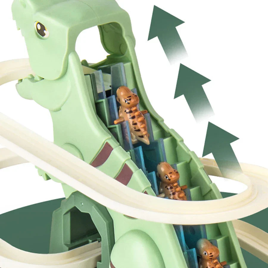 Green plastic dinosaur climbing slide toy with brown and tan dinosaurs on blue slide for puzzle fun and toy car halloween gifts