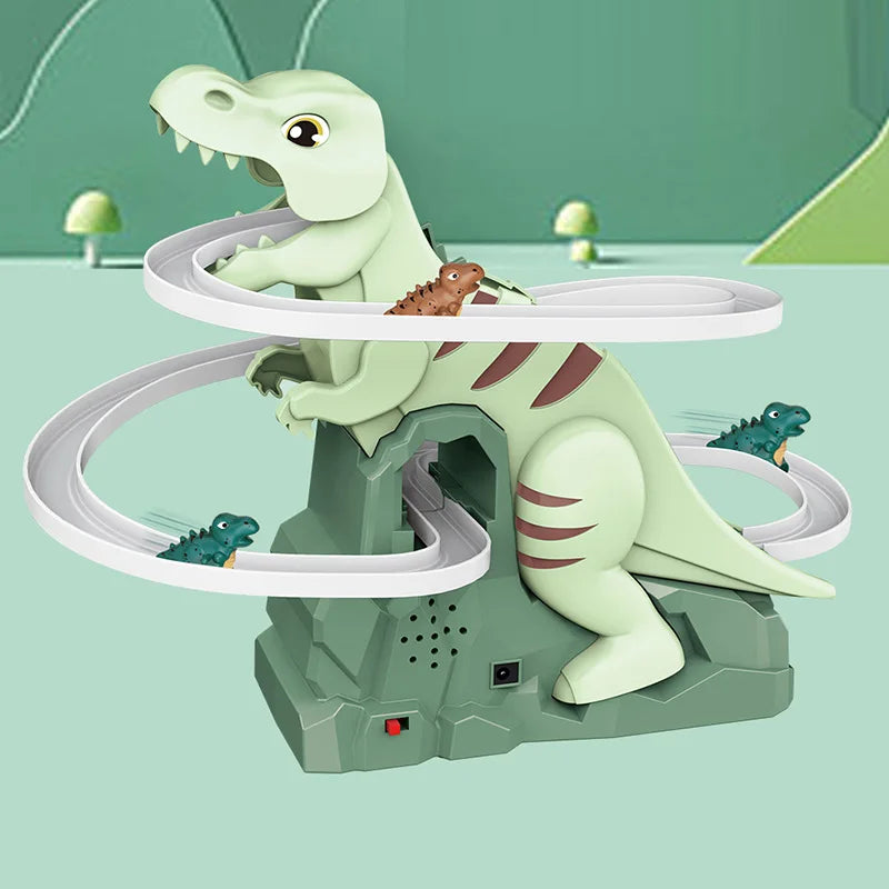 Light green plastic t-rex dinosaur climbing slide with brown stripes and white spiral track for dinosaurs puzzle fun and toy car halloween