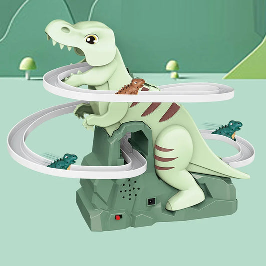 Light green plastic t-rex dinosaur climbing slide with brown stripes and white spiral track for dinosaurs puzzle fun and toy car halloween