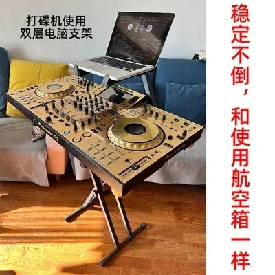 Gold-colored double-layer movable dj stand with stand integrated controller featuring two turntables and multiple knobs